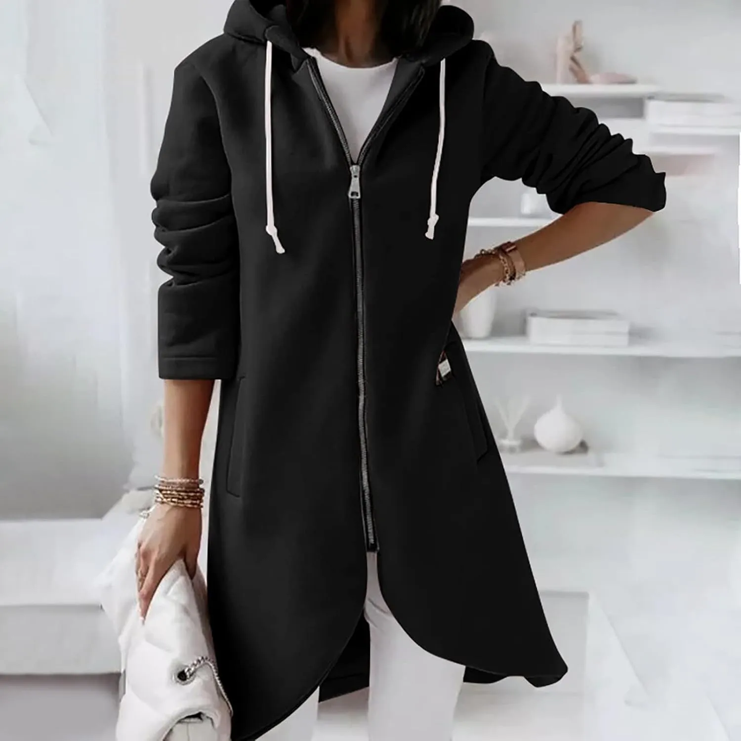 LFEOOST Womens Hoodies Full Zip Tunic Sweatshirts Fashion 2022 Winter Long Sleeve Solid Color Loose Hoodie Jacket with Pocket