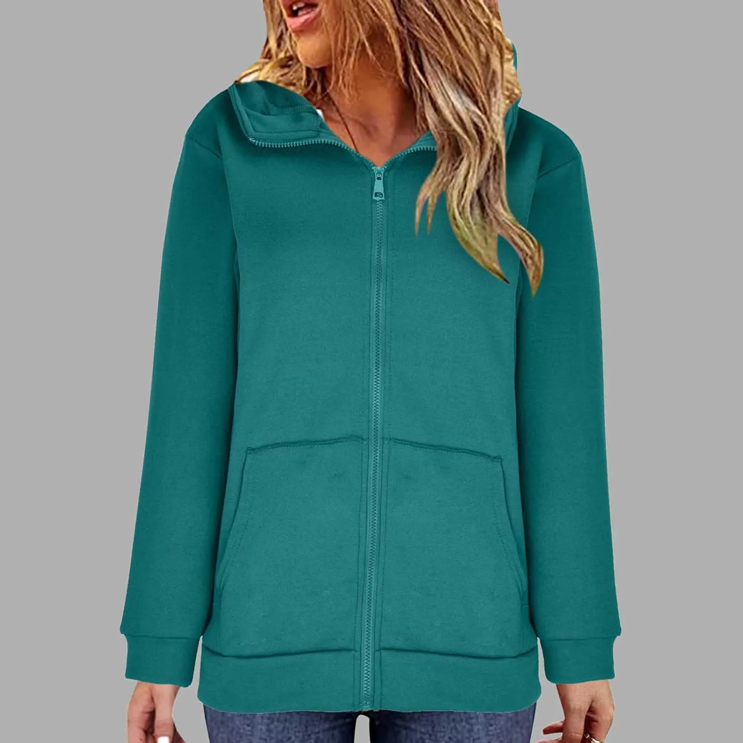 LFEOOST Womens Hoodies Full Zip Tunic Sweatshirts Fashion 2022 Winter Long Sleeve Solid Color Loose Hoodie Jacket with Pocket