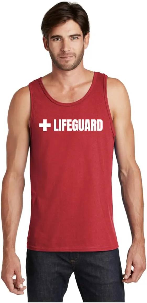 Lifeguard Staff Uniform Tank Top  100% Cotton Rounded Neck Red/White Bold Print for Pool Safety