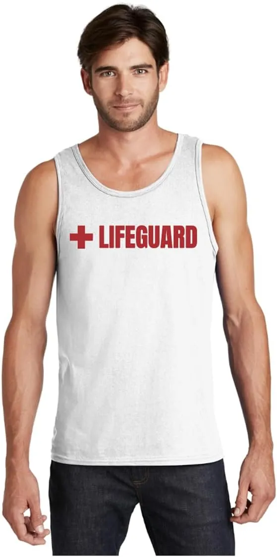 Lifeguard Staff Uniform Tank Top  100% Cotton Rounded Neck Red/White Bold Print for Pool Safety