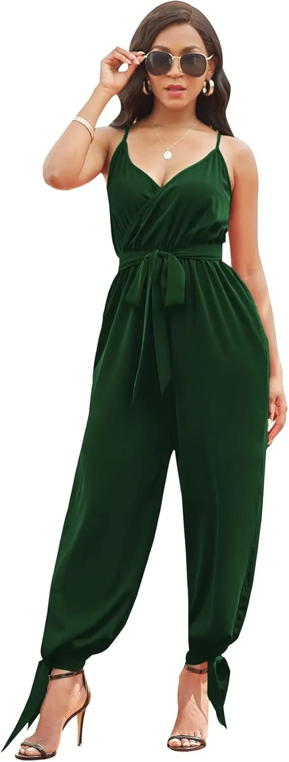 LightlyKiss Casual Summer Dressy Jumpsuits for Women Spaghetti Strap Wide Leg Split Long Pants Loose Fit Rompers