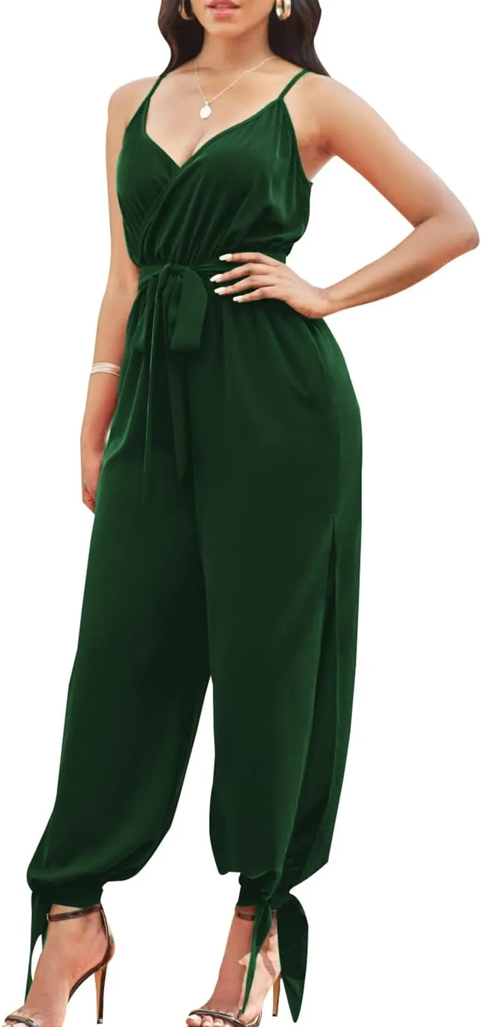 LightlyKiss Casual Summer Dressy Jumpsuits for Women Spaghetti Strap Wide Leg Split Long Pants Loose Fit Rompers