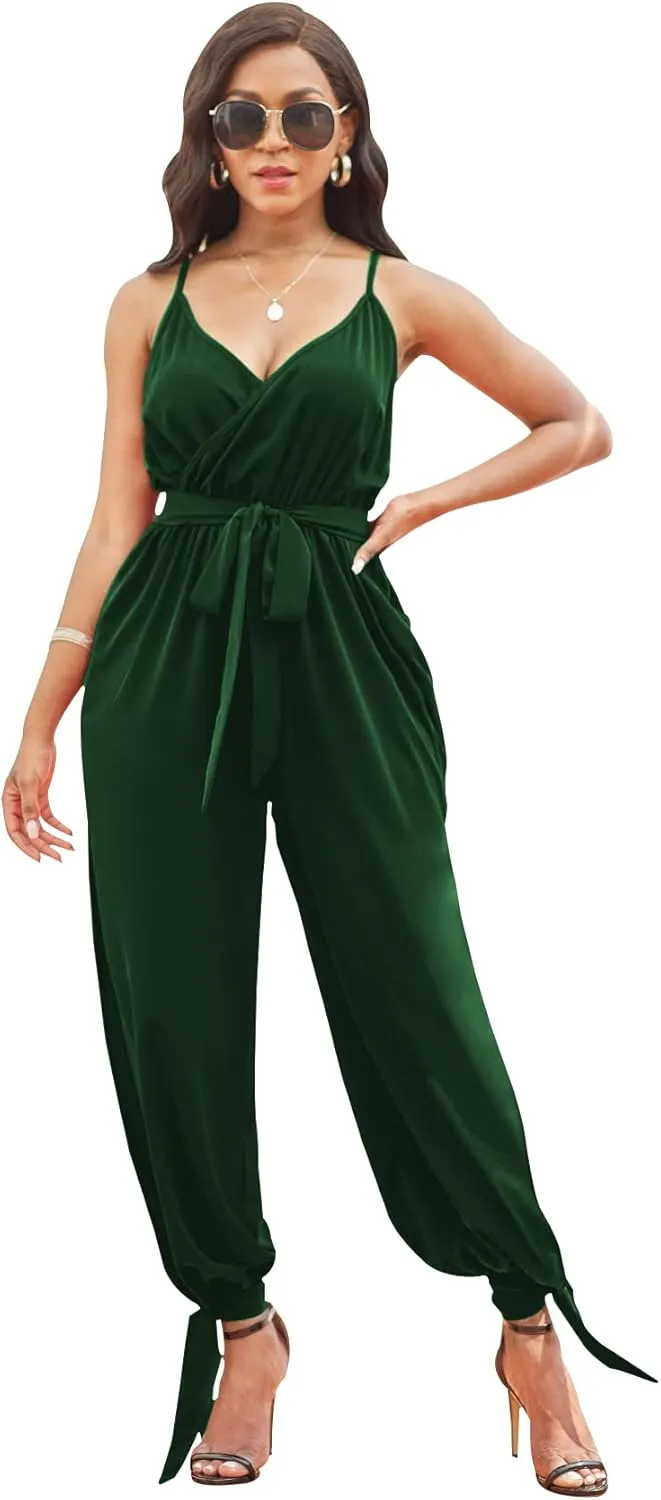 LightlyKiss Casual Summer Dressy Jumpsuits for Women Spaghetti Strap Wide Leg Split Long Pants Loose Fit Rompers