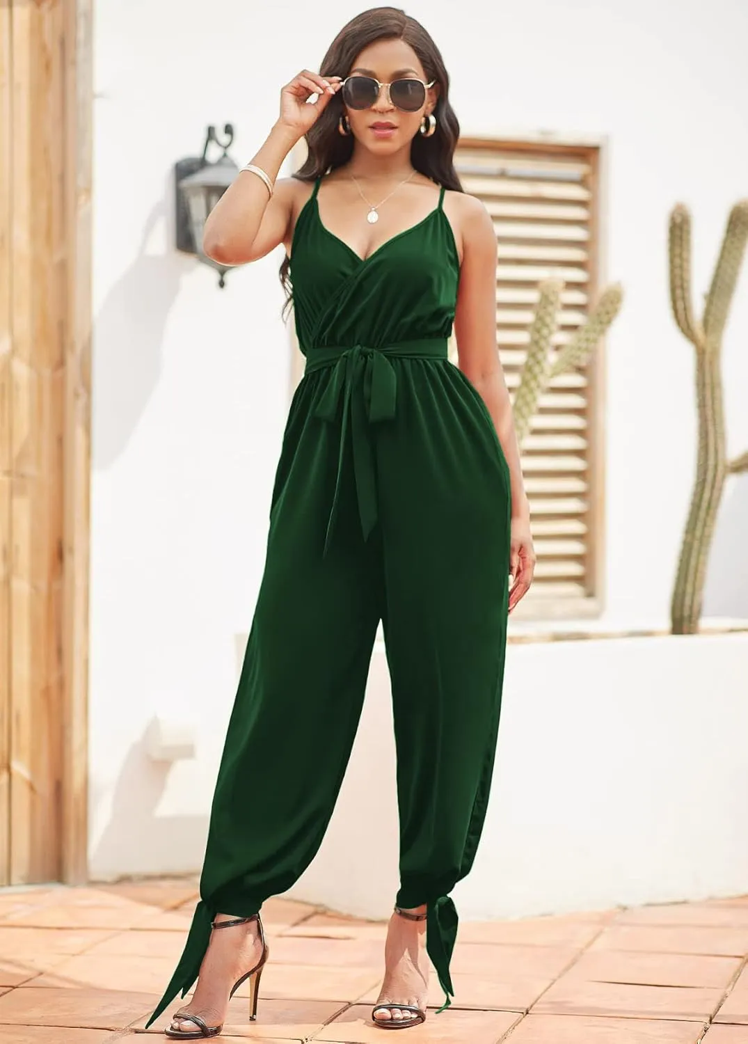 LightlyKiss Casual Summer Dressy Jumpsuits for Women Spaghetti Strap Wide Leg Split Long Pants Loose Fit Rompers