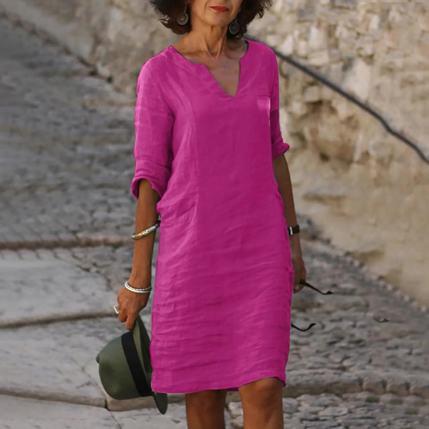Linen Dress Women Short Sleeve V Neck Midi Dresses Summer Casual Cotton Linen Dress Solid Dress Vintage Beachwear