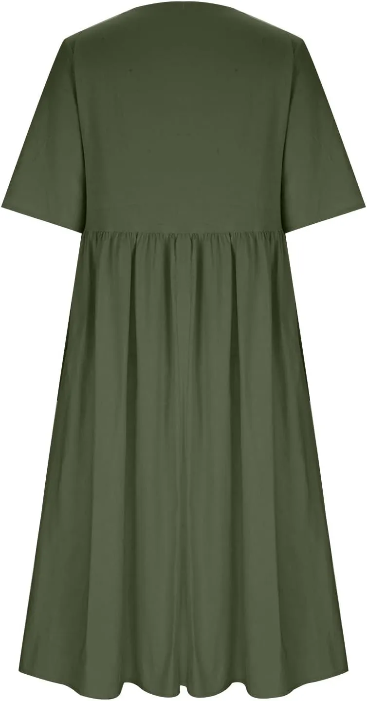 Linen Dresses for Women Short Sleeve Crewneck Dress with Pockets Floral Print Shirt Dress Cotton Linen Casual Dress