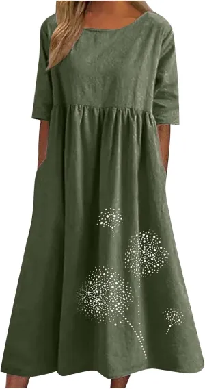 Linen Dresses for Women Short Sleeve Crewneck Dress with Pockets Floral Print Shirt Dress Cotton Linen Casual Dress