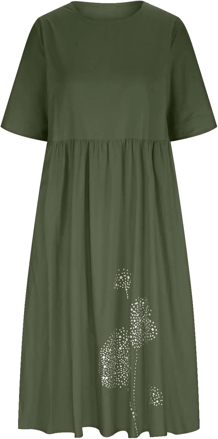 Linen Dresses for Women Short Sleeve Crewneck Dress with Pockets Floral Print Shirt Dress Cotton Linen Casual Dress