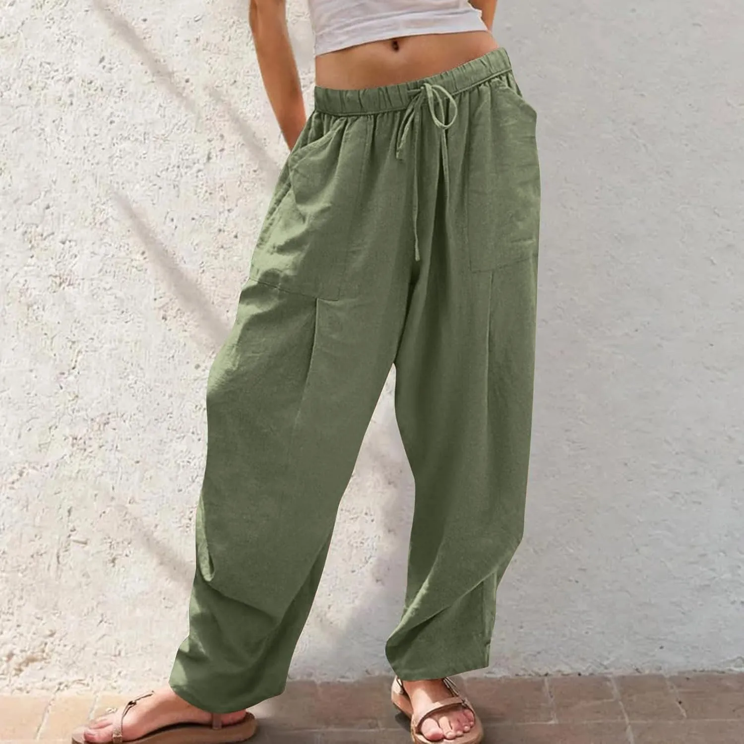 Linen Pants Women Casual Loose Elastic Waist Trousers Summer Lightweight Wide Leg Palazzo Pant Summer Outfits 2025
