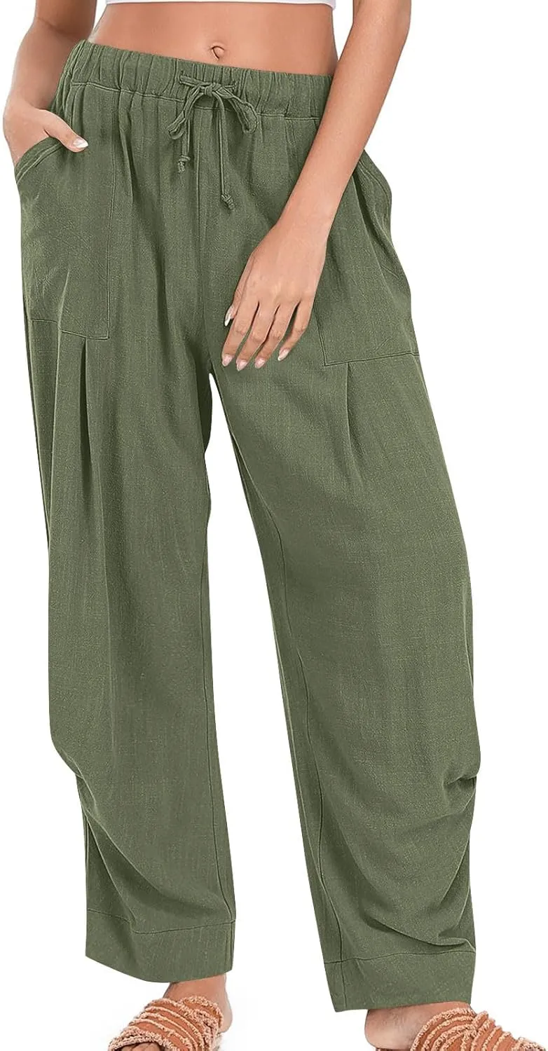 Linen Pants Women Casual Loose Elastic Waist Trousers Summer Lightweight Wide Leg Palazzo Pant Summer Outfits 2025