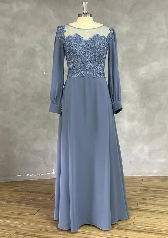 Long Sleeves Chiffon Mother of The Bride Dress Lace Applique Scoop Neck Evening Gown Pleated A Line Formal Dresses