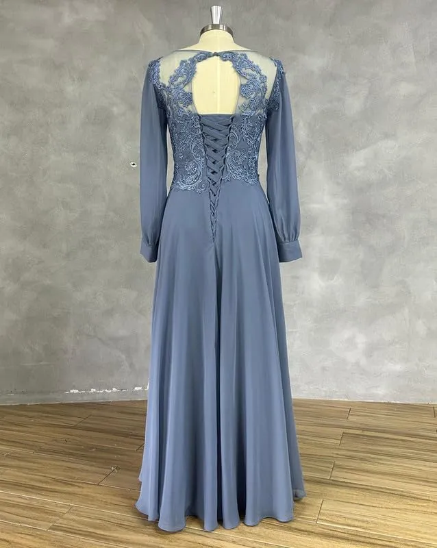 Long Sleeves Chiffon Mother of The Bride Dress Lace Applique Scoop Neck Evening Gown Pleated A Line Formal Dresses
