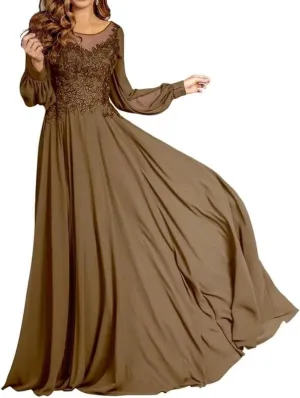 Long Sleeves Chiffon Mother of The Bride Dress Lace Applique Scoop Neck Evening Gown Pleated A Line Formal Dresses