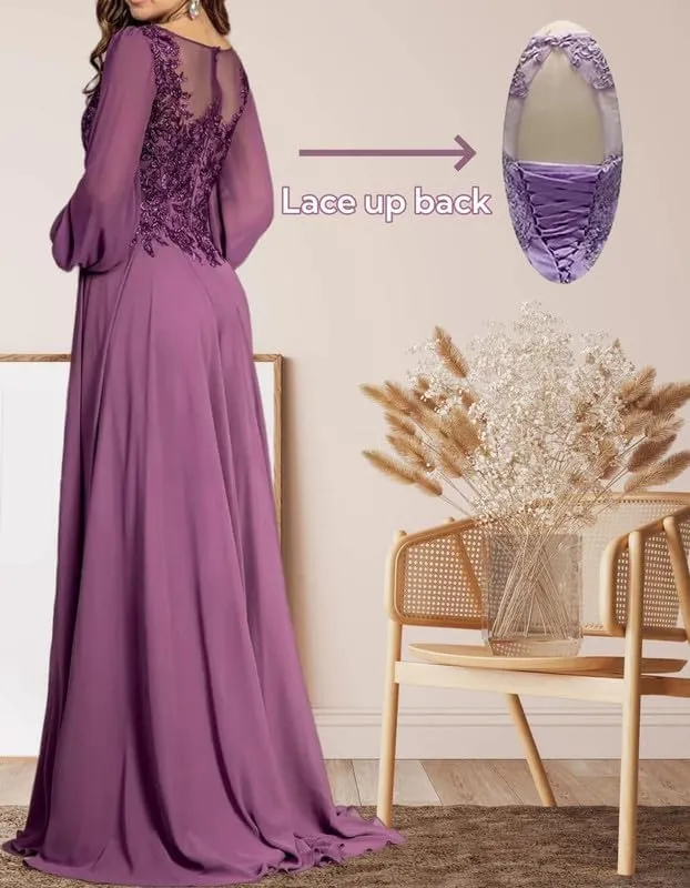 Long Sleeves Chiffon Mother of The Bride Dress Lace Applique Scoop Neck Evening Gown Pleated A Line Formal Dresses