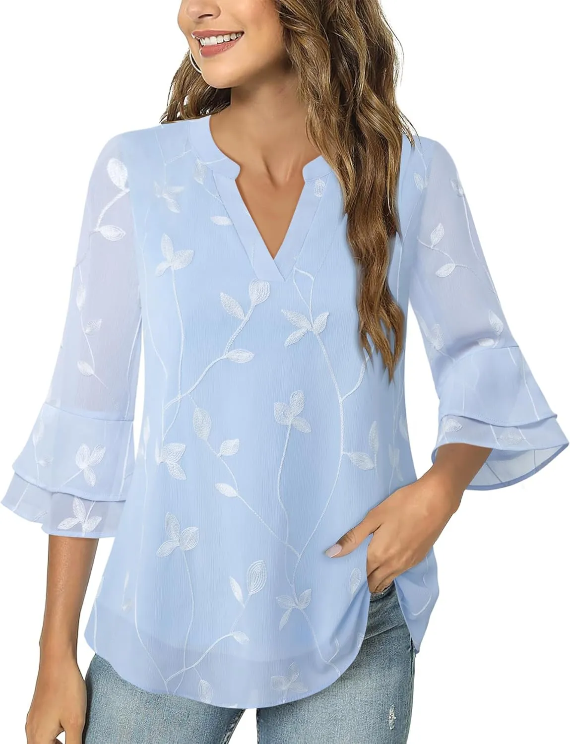 Lotusmile Womens Tops Dressy Casual 3/4 Tiered Bell Sleeve Blouses Double Layered Chiffon Work Tunic Shirts