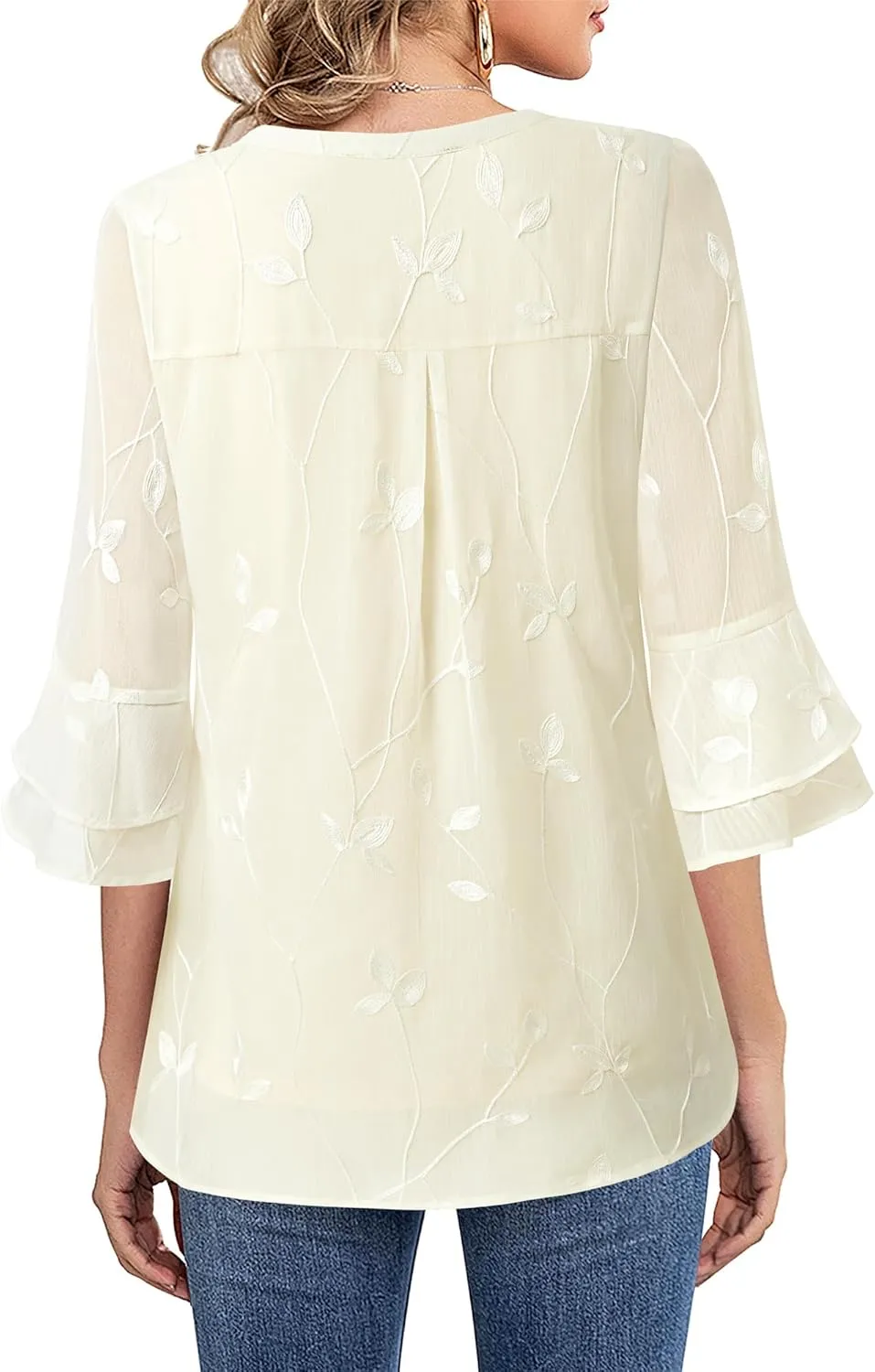 Lotusmile Womens Tops Dressy Casual 3/4 Tiered Bell Sleeve Blouses Double Layered Chiffon Work Tunic Shirts