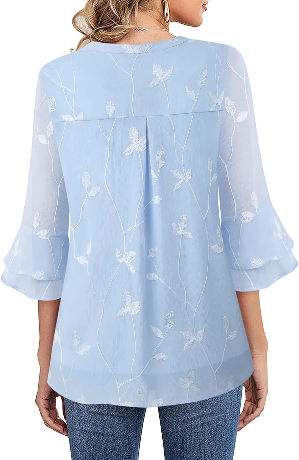 Lotusmile Womens Tops Dressy Casual 3/4 Tiered Bell Sleeve Blouses Double Layered Chiffon Work Tunic Shirts