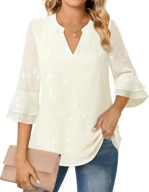 Lotusmile Womens Tops Dressy Casual 3/4 Tiered Bell Sleeve Blouses Double Layered Chiffon Work Tunic Shirts