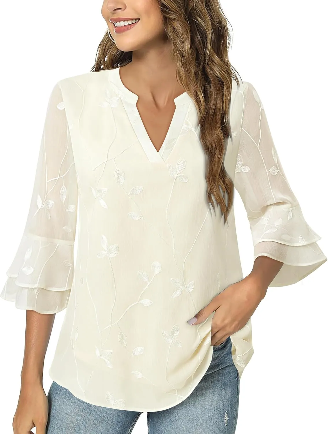 Lotusmile Womens Tops Dressy Casual 3/4 Tiered Bell Sleeve Blouses Double Layered Chiffon Work Tunic Shirts