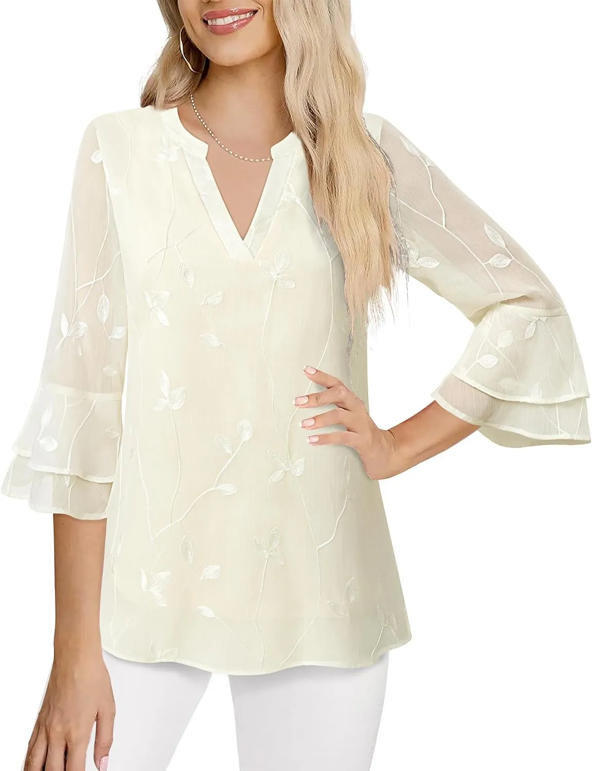 Lotusmile Womens Tops Dressy Casual 3/4 Tiered Bell Sleeve Blouses Double Layered Chiffon Work Tunic Shirts