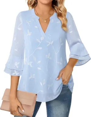 Lotusmile Womens Tops Dressy Casual 3/4 Tiered Bell Sleeve Blouses Double Layered Chiffon Work Tunic Shirts