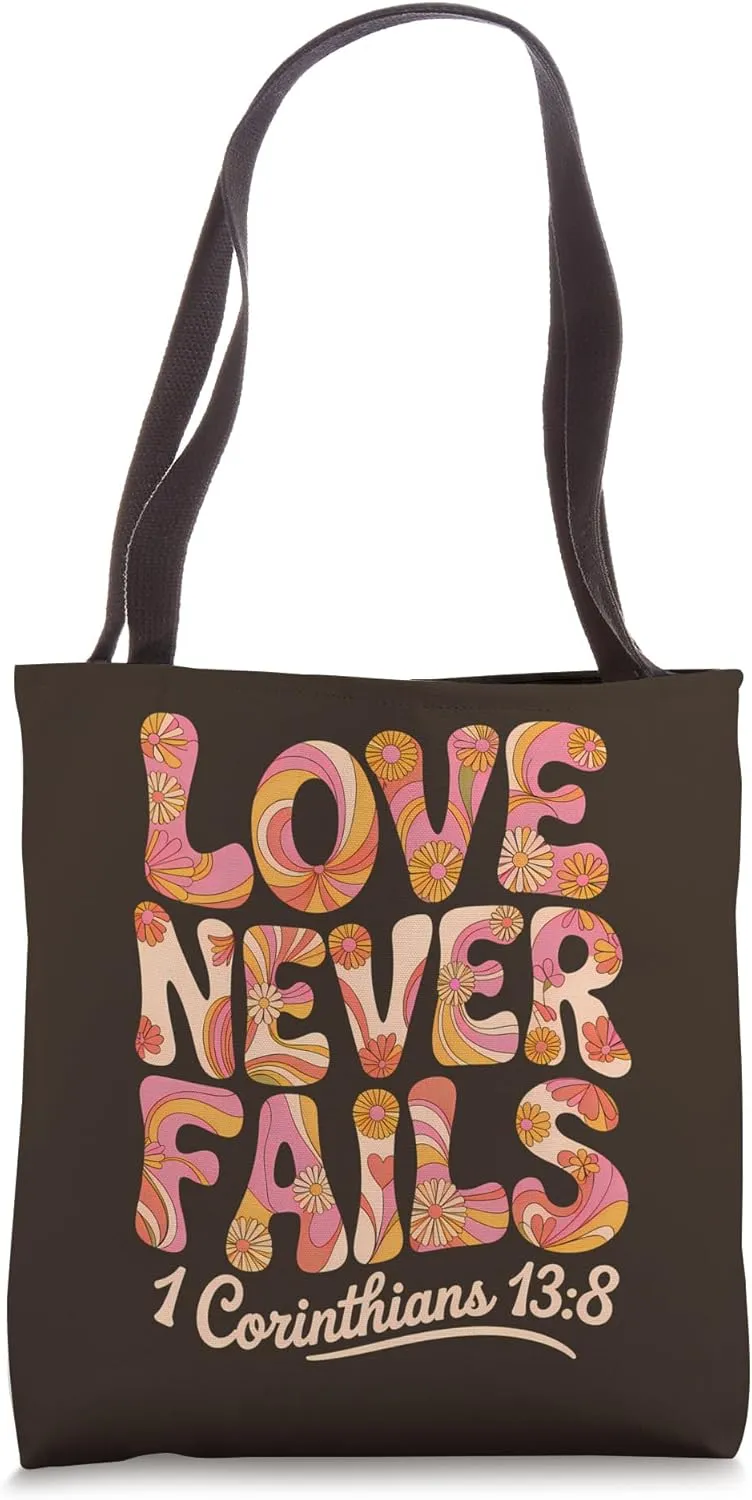Love Never Fails Corinthians 13:8 70s Christian Bible Verse Tote Bag