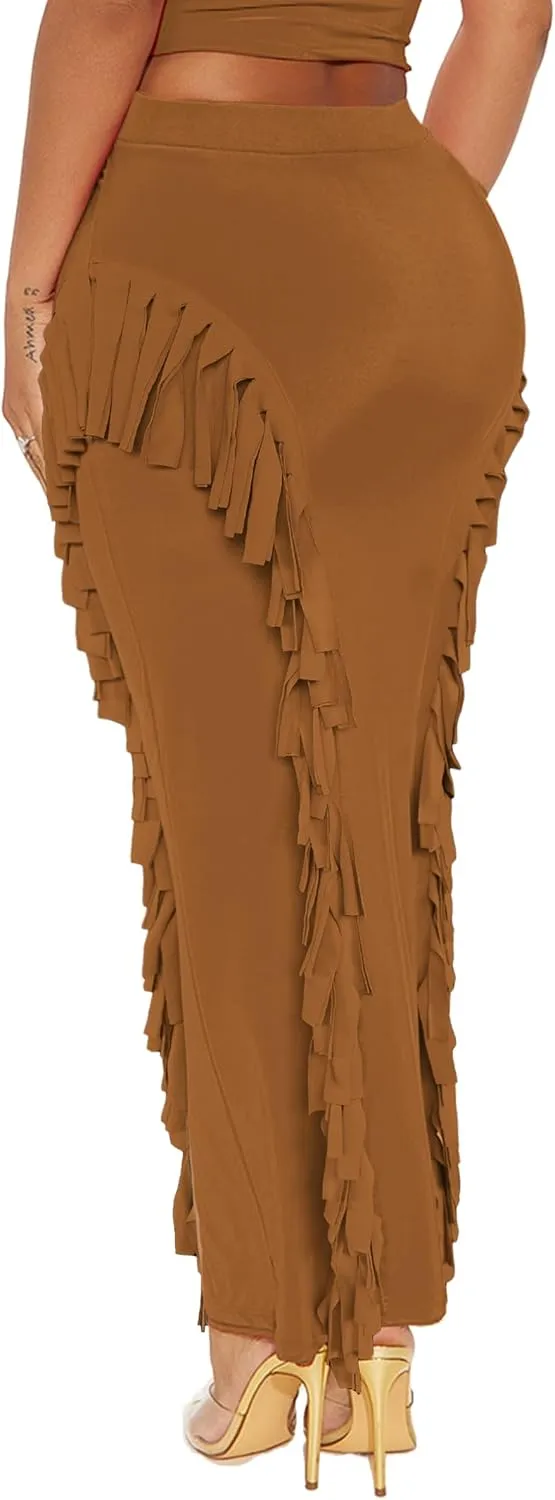 Lrady Womens Fringe Pencil Skirt Side Tassel Slim Elastic High Waist Elegant Party Club Bodycon Maxi Long Skirts