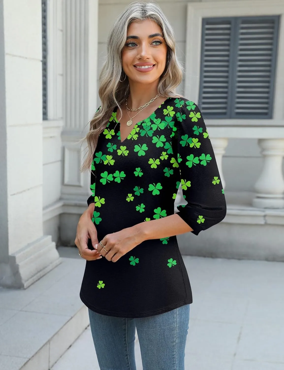 LUYAA 3/4 Length Sleeve Womens Tops Dressy Casual V-Neck Puff Sleeve Blouses Business Work Tunic Shirt S-XXL