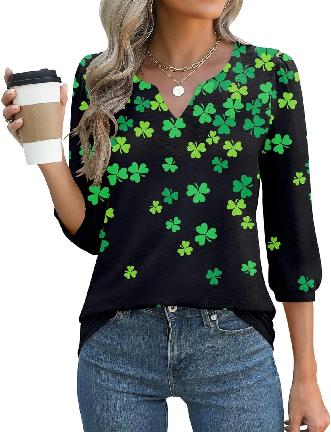 LUYAA 3/4 Length Sleeve Womens Tops Dressy Casual V-Neck Puff Sleeve Blouses Business Work Tunic Shirt S-XXL
