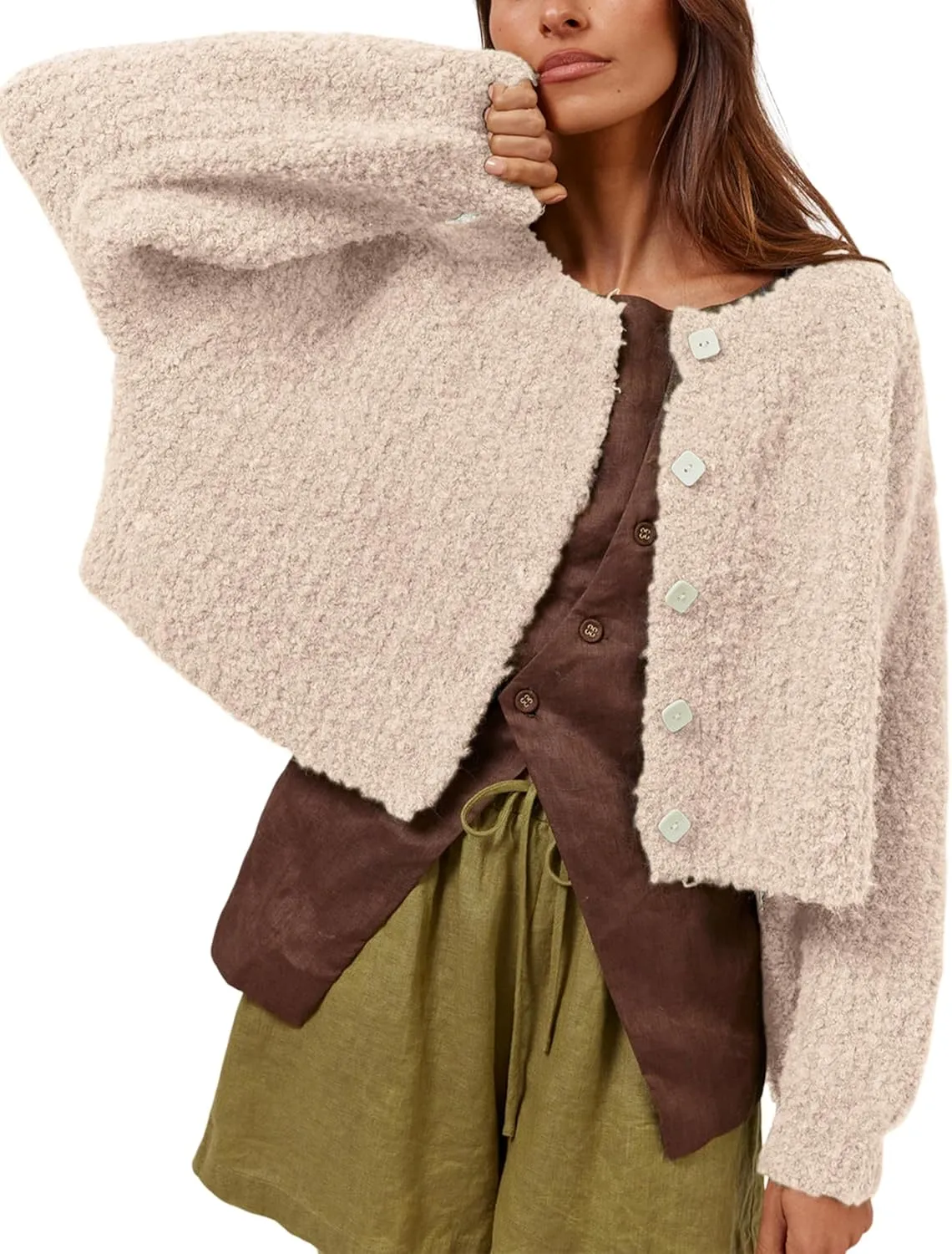 Lviefent Women Knit Cardigans Casual Open Front Button Down Long Sleeve Cropped Sweater Jacket Outwear