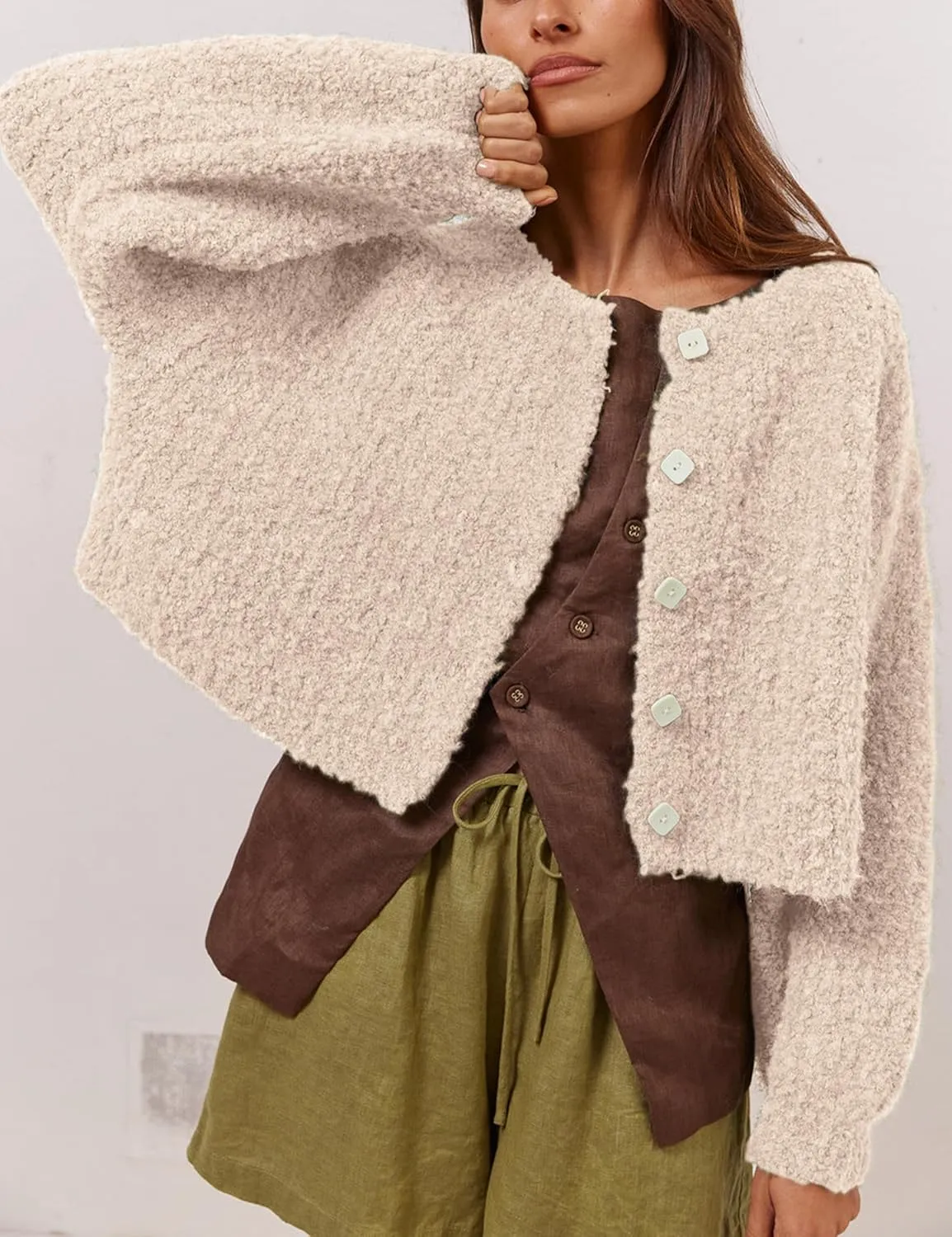 Lviefent Women Knit Cardigans Casual Open Front Button Down Long Sleeve Cropped Sweater Jacket Outwear