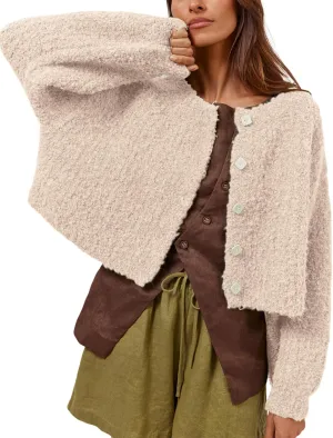 Lviefent Women Knit Cardigans Casual Open Front Button Down Long Sleeve Cropped Sweater Jacket Outwear