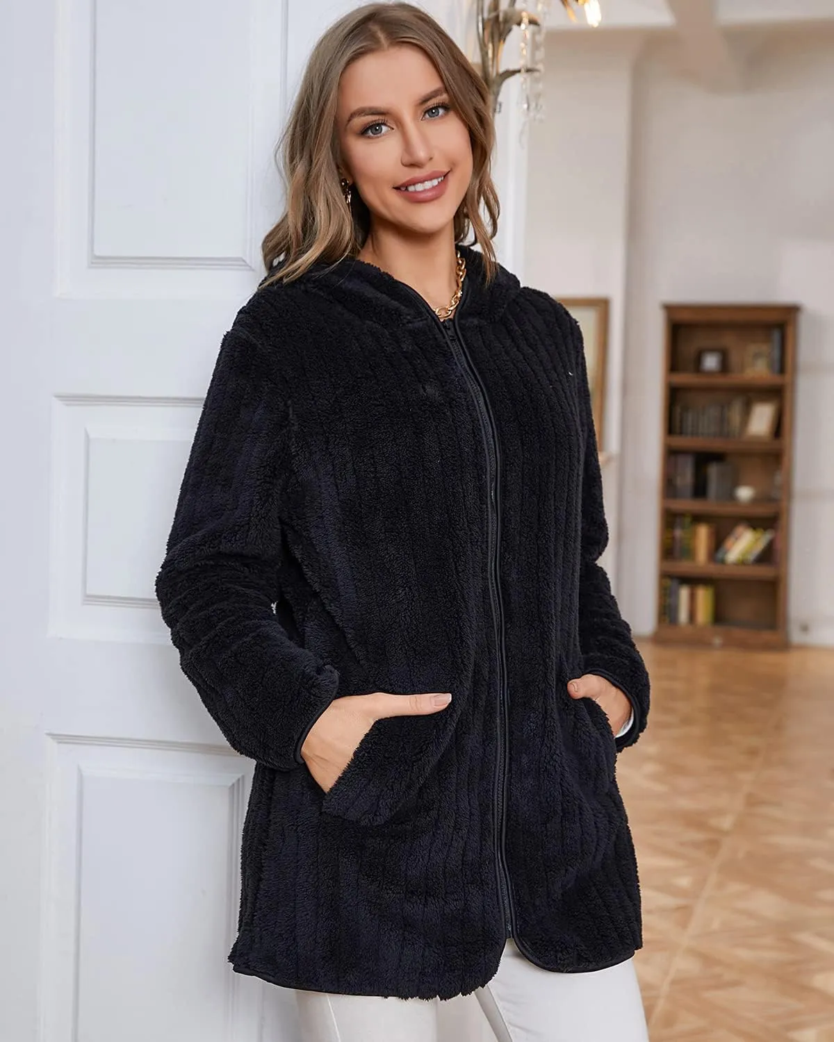 LY VAREY LIN Womens Fuzzy Fleece Sherpa Jacket Zip Up Hooded Cardigans with Pockets