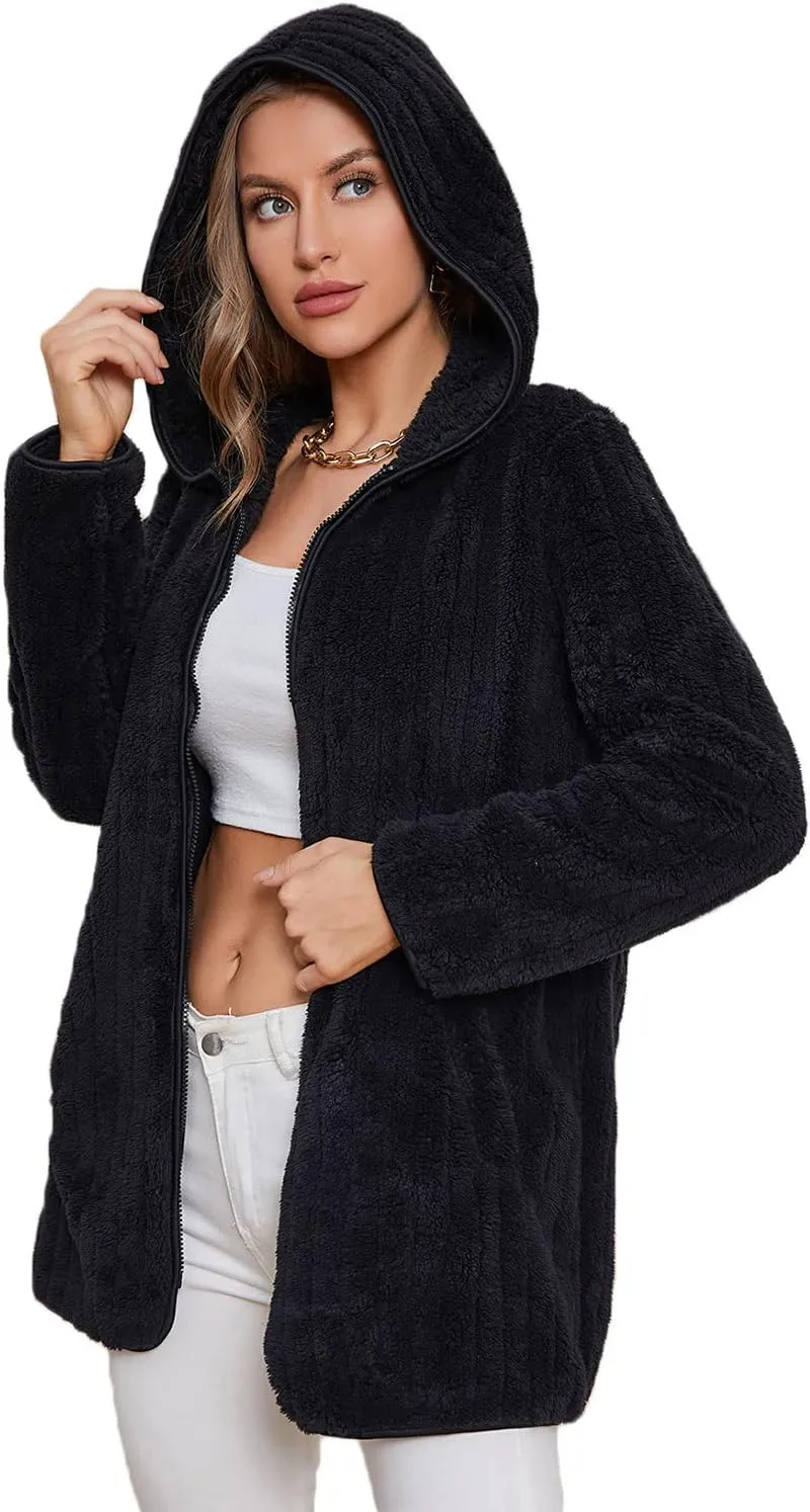 LY VAREY LIN Womens Fuzzy Fleece Sherpa Jacket Zip Up Hooded Cardigans with Pockets