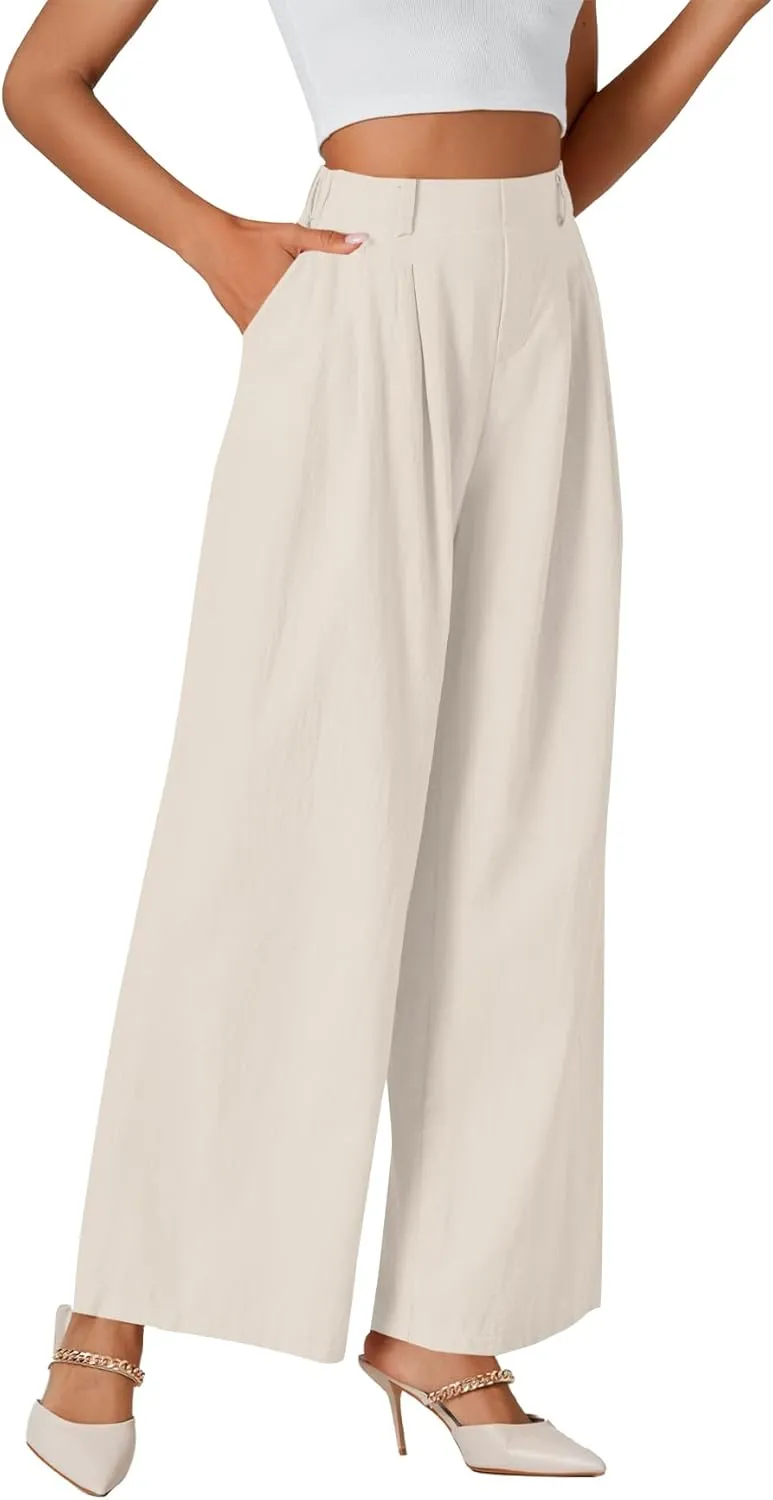 LYANER Womens Cotton High Waist Wide Leg Long Palazzo Pants Loose Casual Trousers