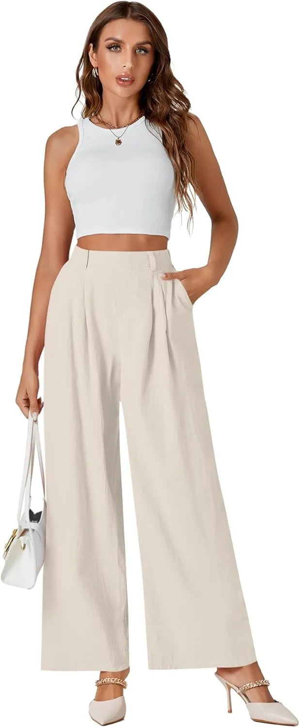 LYANER Womens Cotton High Waist Wide Leg Long Palazzo Pants Loose Casual Trousers