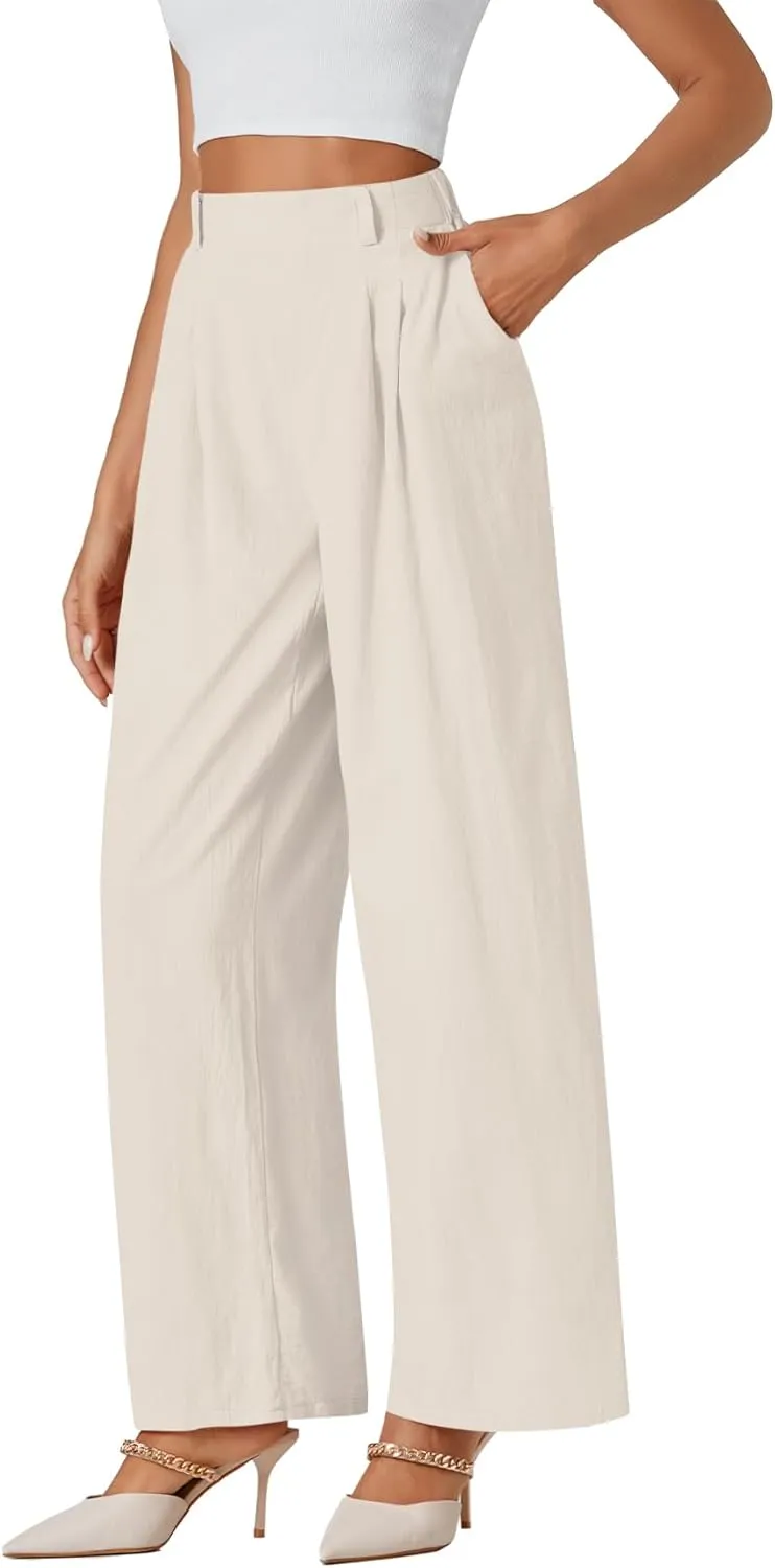 LYANER Womens Cotton High Waist Wide Leg Long Palazzo Pants Loose Casual Trousers