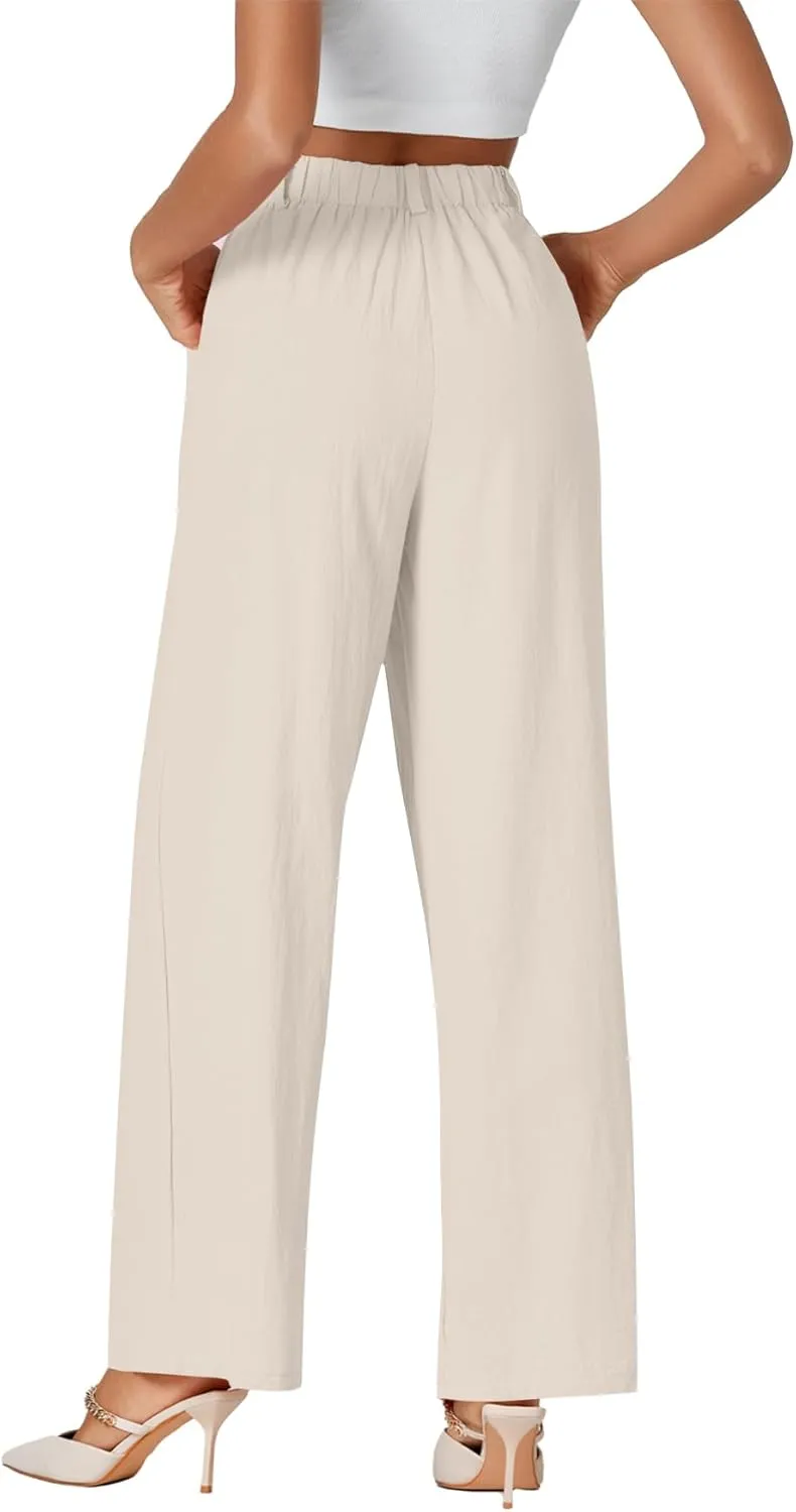 LYANER Womens Cotton High Waist Wide Leg Long Palazzo Pants Loose Casual Trousers