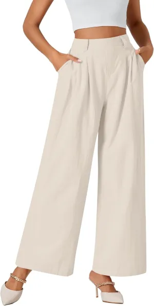 LYANER Womens Cotton High Waist Wide Leg Long Palazzo Pants Loose Casual Trousers