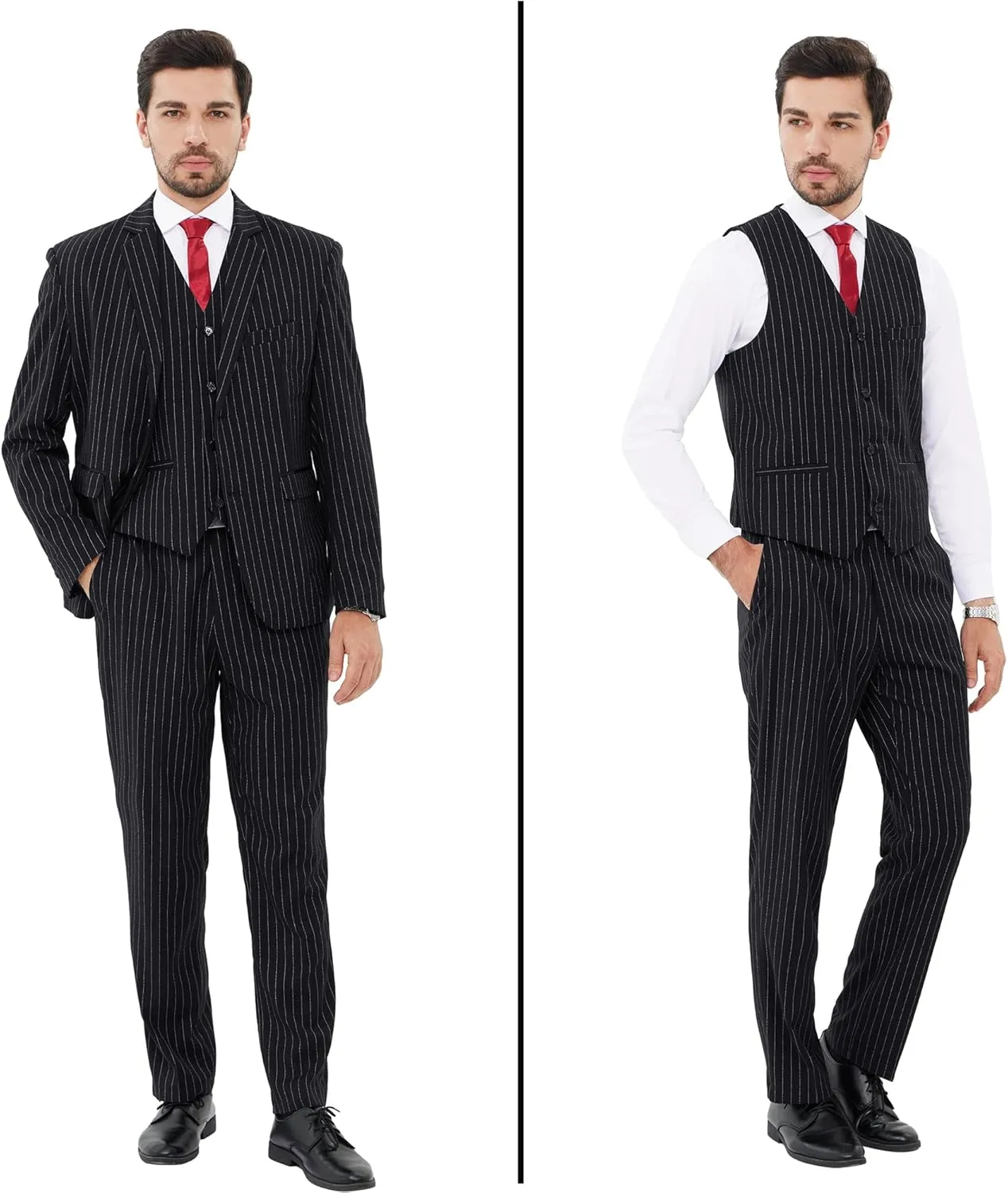 MAGE MALE Mens Pinstripe 3 Piece Suit Slim Fit Elegant Single Breasted Business Wedding Party Blazer Vest& Pants Set