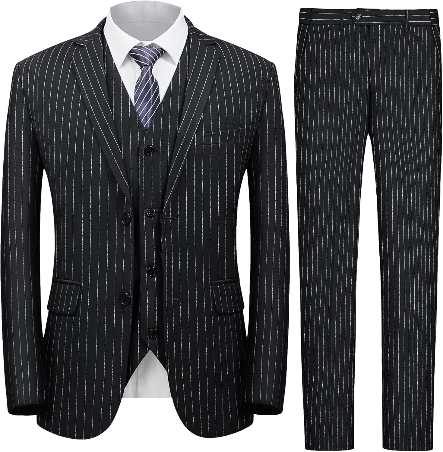 MAGE MALE Mens Pinstripe 3 Piece Suit Slim Fit Elegant Single Breasted Business Wedding Party Blazer Vest& Pants Set