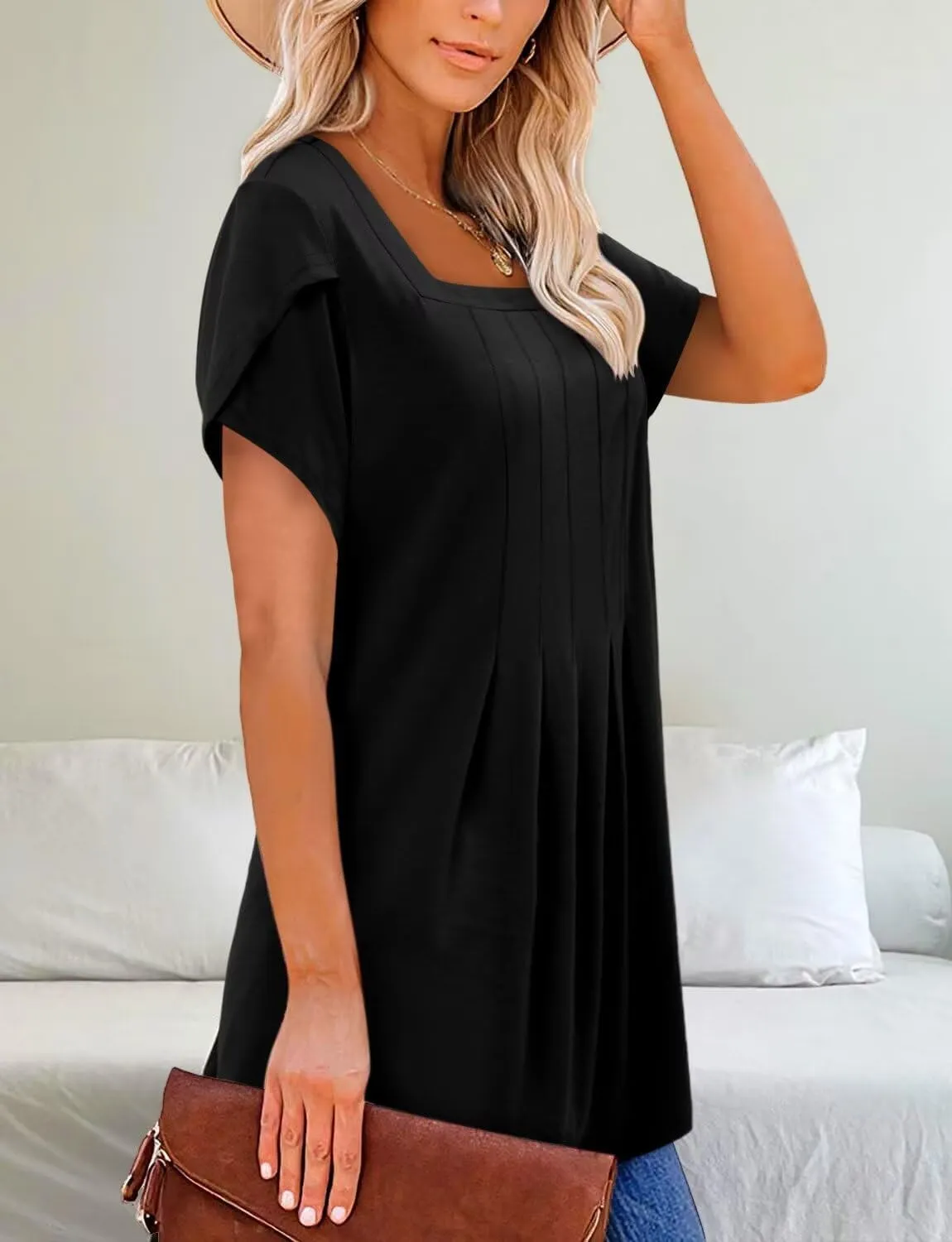 Magritta Womens Casual Tops Square Neck Short Sleeve Flowy Hem Boho Shirts Summer Fashion Pleat Tunic Blouses S-3XL