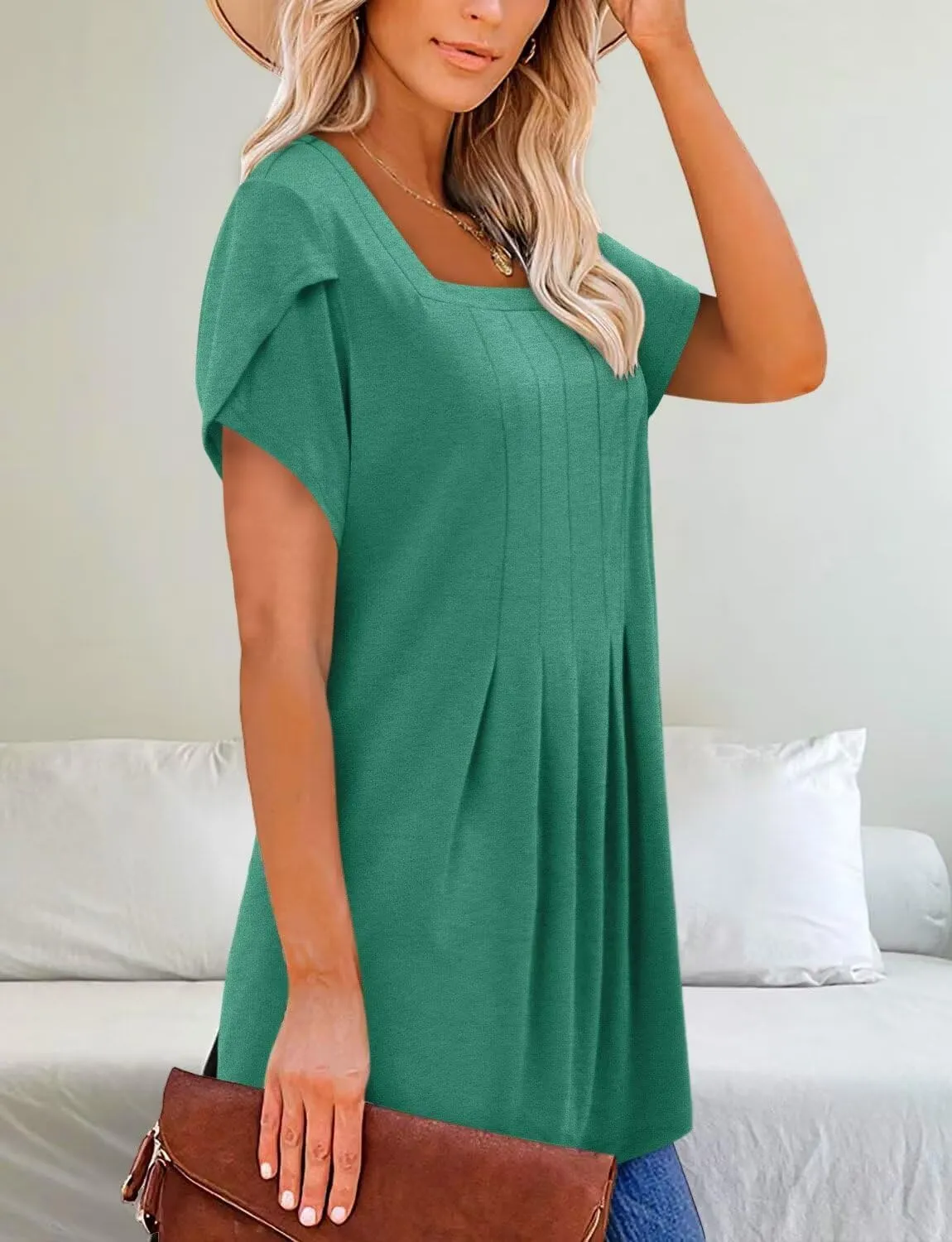 Magritta Womens Casual Tops Square Neck Short Sleeve Flowy Hem Boho Shirts Summer Fashion Pleat Tunic Blouses S-3XL