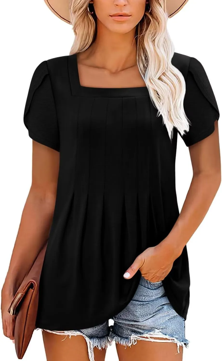 Magritta Womens Casual Tops Square Neck Short Sleeve Flowy Hem Boho Shirts Summer Fashion Pleat Tunic Blouses S-3XL