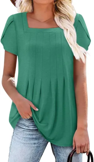 Magritta Womens Casual Tops Square Neck Short Sleeve Flowy Hem Boho Shirts Summer Fashion Pleat Tunic Blouses S-3XL