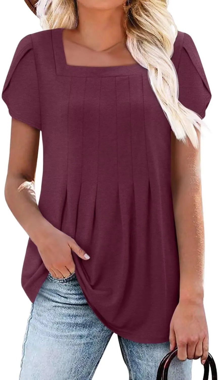 Magritta Womens Casual Tops Square Neck Short Sleeve Flowy Hem Boho Shirts Summer Fashion Pleat Tunic Blouses S-3XL