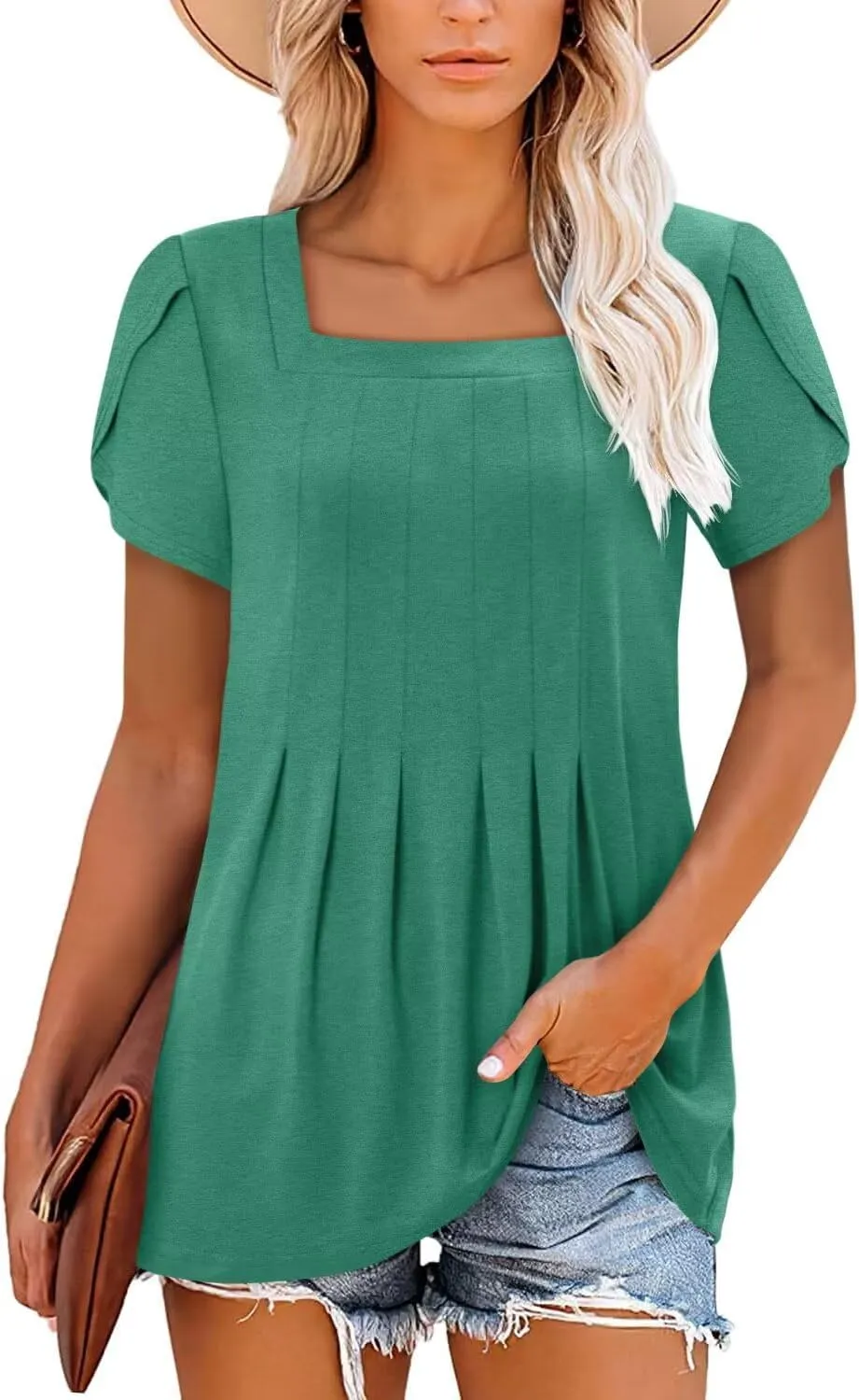 Magritta Womens Casual Tops Square Neck Short Sleeve Flowy Hem Boho Shirts Summer Fashion Pleat Tunic Blouses S-3XL