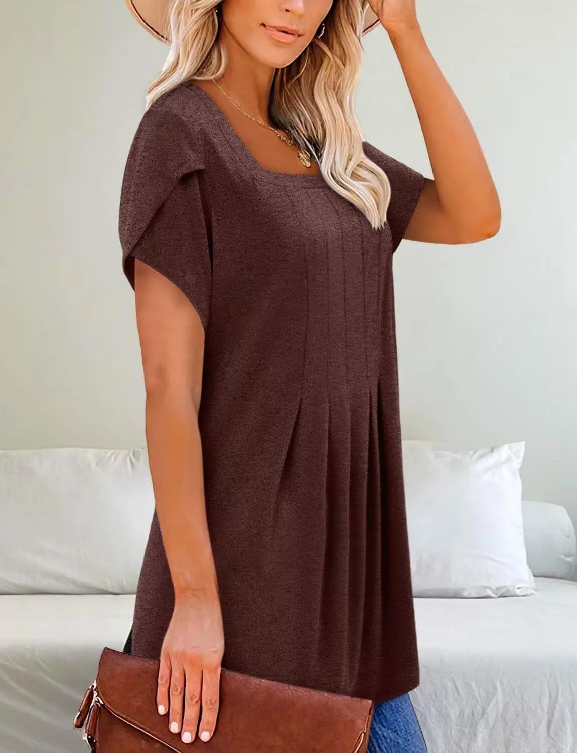 Magritta Womens Casual Tops Square Neck Short Sleeve Flowy Hem Boho Shirts Summer Fashion Pleat Tunic Blouses S-3XL