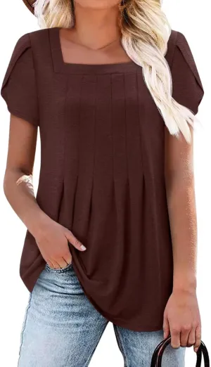 Magritta Womens Casual Tops Square Neck Short Sleeve Flowy Hem Boho Shirts Summer Fashion Pleat Tunic Blouses S-3XL