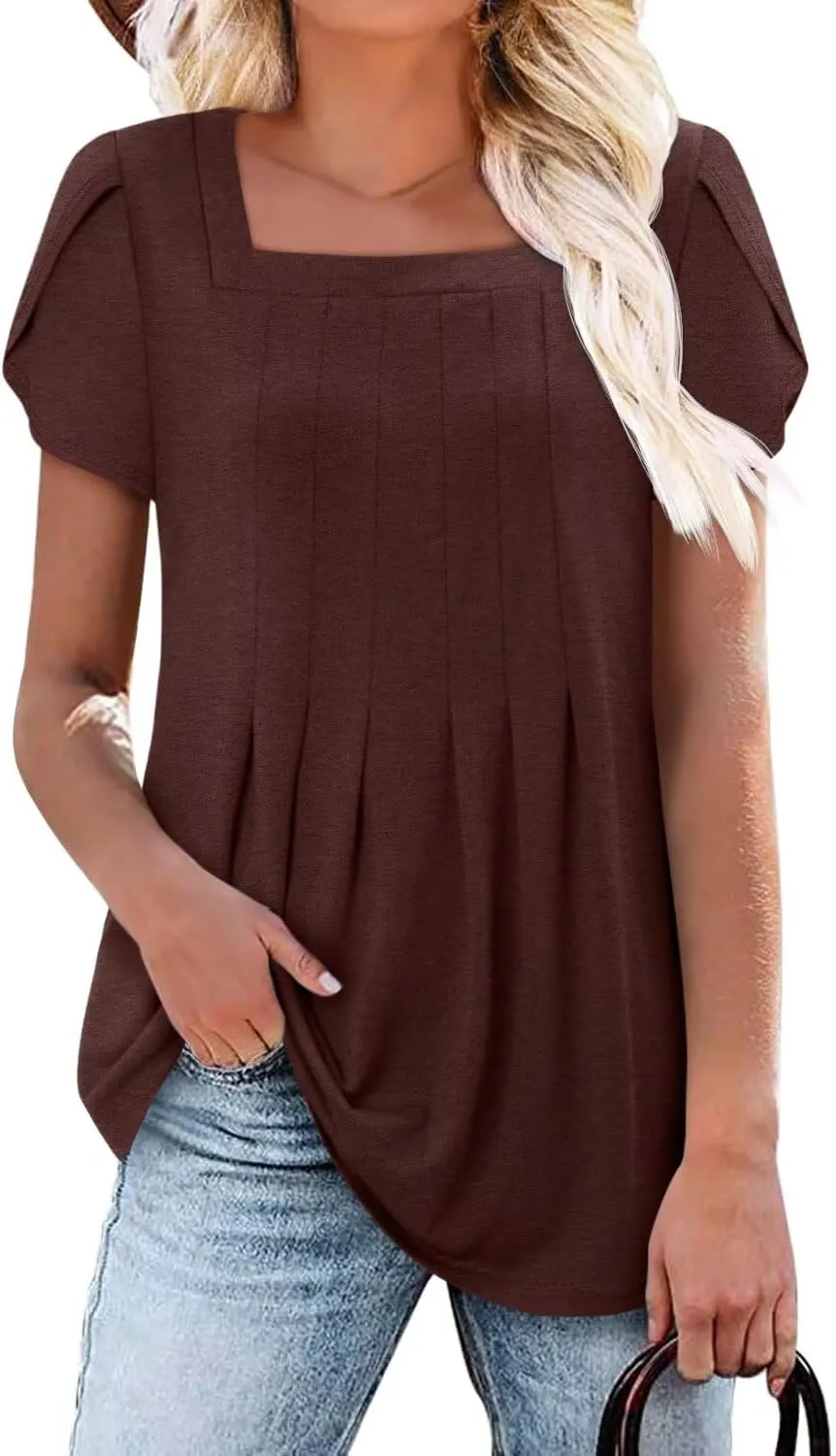 Magritta Womens Casual Tops Square Neck Short Sleeve Flowy Hem Boho Shirts Summer Fashion Pleat Tunic Blouses S-3XL